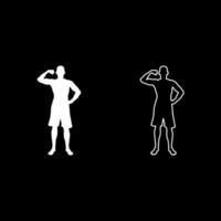 Bodybuilder zeigt Bizeps Muskeln Bodybuilding Sport Konzept Silhouette Vorderansicht Icon Set Farbe weiß Abbildung Flat Style simple Image vektor