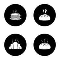 Bäckerei-Glyphen-Symbole gesetzt. Pfannkuchenstapel, runder Brotlaib, Croissant, Roggenbrot. Vektor weiße Silhouetten Illustrationen in schwarzen Kreisen
