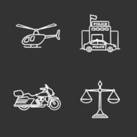 Kreidesymbole der Polizei gesetzt. Hubschrauber, Motorrad, Justizwaage, Polizeistation. isolierte vektortafelillustrationen vektor