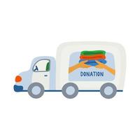 ein Lastwagen mit einem Wohltätigkeitslogo. Spenden Abholservice. hand gezeichnete illustration und beschriftung lokalisiert auf weißem hintergrund. vektor