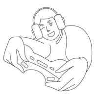 Gaming junger Mann mit Kopfhörern lächelnd und Gamepad in seinen Händen. vektorlineare Abbildung vektor
