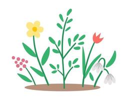 vektor våren blomsterbädd ikon. första blommande växter illustration. blommig clipart. söt platt barnkammare säng med snödroppe och tulpan isolerad på vit bakgrund.