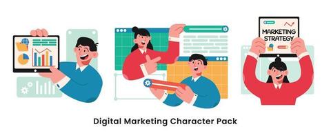 charakterillustration des digitalen marketings. Pack-Sammlung von Männern und Frauen nehmen am digitalen Marketing teil vektor