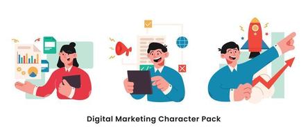 charakterillustration des digitalen marketings. Pack-Sammlung von Männern und Frauen nehmen am digitalen Marketing teil vektor