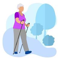 Nordic-Walking-Rentner. Sportleben der Senioren. alte Leute gehen, machen Übungen an der frischen Luft im Wald. Aktiver Lebensstil im Ruhestand für Rentner. vektor