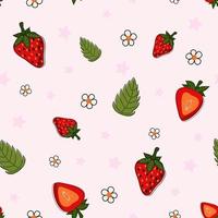 seamless mönster. söta färgglada jordgubbar med löv, blommor, stjärnor. vektor illustration