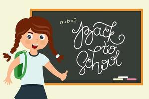 en skolflicka vid svarta tavlan med inskriptionen tillbaka till skolan i tecknad stil. vektor illustration