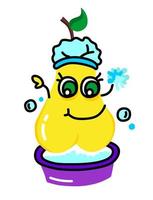 Cartoon niedliche gelbe Illustration einer Birne mit schönen Augen, die sich in einem Becken waschen. für eine Reihe von Aufklebern, Kinderveranstaltungen, Erholung, Freizeit. vektor