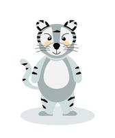en glad randig bengalisk tiger, årets symbol 2022. vektorillustration, isolerad på en vit bakgrund, ritad för hand. för utskrift av barn-t-shirts, vykort, affischer, klistermärken. vektor