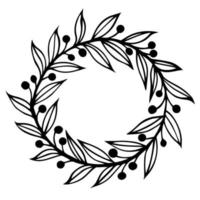 krans av grenar, löv och bär vektor ikon. handritad doodle isolerad på vit bakgrund. järnekvistar, ådrade löv och runda frukter. julgirlang. monokrom festligt koncept.