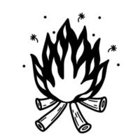 ein handgezeichnetes brennendes Lagerfeuer. Protokolle in Brand. monochrome illustration von brennholz, das im feuer brennt. eine Skizze von Funken, die vom Herd fliegen. Gekritzel des Balefire. vektor