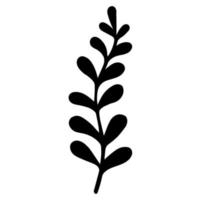 gewellter Zweig mit runden Blättern Vektorsymbol. Hand gezeichnetes Gekritzel lokalisiert auf weißem Hintergrund. schwarze Silhouette einer einfachen Feldpflanze. Botanische Skizze. abstraktes einfarbiges Kraut. vektor