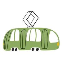 Grüne Straßenbahn isoliert auf weißem Hintergrund im handgezeichneten Cartoon-Stil. kindliche transportikone für kinderzimmer, babybekleidung, textil- und produktdesign, tapeten, verpackungspapier, karte, scrapbooking vektor