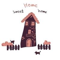 vektorillustration des hauses mit zaun, büschen, katze und hund im flachen kindlichen stil der karikatur. handgezeichnete beschriftung home sweet home vektor