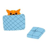 vektorillustration der ingwerkatze in der geöffneten blauen geschenkbox im flachen kindischen stil der karikatur vektor