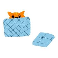 vektor illustration av ingefära katt inuti öppnade blå presentförpackning i tecknad platt barnslig stil