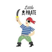 Ein tapferer Junge mit Säbel in einem Piratenkostüm, Stiefeln, einem Kopftuch und einer T-Shirt-Weste. Einladung zu einer Party für kleine Piraten vektor