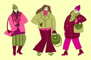 uppsättning illustrationer av tre flickor i vinterkläder. kvinnor i höga stövlar, stickad kjol, pälsrock, dunjackor, skinnjacka, utsvängda jeans och halsduk vektor