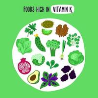 livsmedel som innehåller mycket k-vitamin. platt design vektor