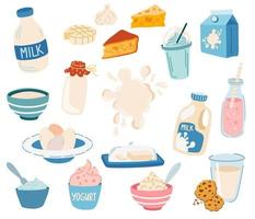 Milchprodukte. Milch, Sahne, Butter, Hüttenkäse, Eier, Käse, Joghurt. Kalzium Inhaltsstoff. Laktose. gesundes Essen. vektorkarikaturillustration lokalisiert auf dem weißen hintergrund. vektor