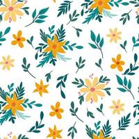 Nahtloses Frühlingsmuster mit Blumen und Blättern. flacher Vintage-ditsy Blumenhintergrund. kreative florale Textur. ideal für stoff, textil. Vektor-Cartoon-Illustration vektor