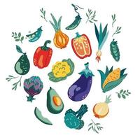 grönsaker set. hälsosam vegetabilisk mat. rund designelement med grönsaker. pepparärtskockor, lök, aubergine, majs, kål, avokado, broccoli. tecknad vektorillustration vektor