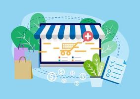 Online einkaufen. Checkliste E-Commerce bestellen. Online-Zahlung für Webshop-Anwendungen. digitales Online-Marketing mit Bildschirm-Laptop-Transaktionen. Flaches Grafikdesign des blauen Tons. vektor