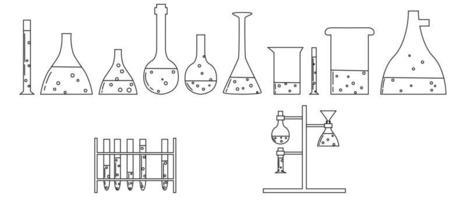 Set mit medizinischen Laborgeräten. Reagenzglas, Gläser, Becher, Kolben und Reagenzglashalter. Gelöste Umrissdarstellung vektor