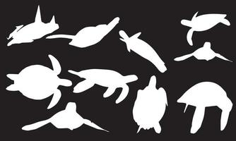 satz der schwarzen silhouette große meeresschildkröte cartoon niedliches tierdesign ozeanschildkröte schwimmen im wasser flache vektorillustration isoliert auf weißem hintergrund. Vektor-Logo-Schildkröten-Sammlung vektor