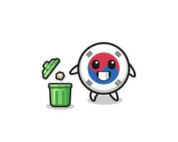 Illustration der südkoreanischen Flagge, die Müll in den Mülleimer wirft vektor