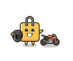 süßer einkaufstaschen-cartoon als motorradrennfahrer vektor