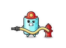 Lineal Cartoon als Feuerwehrmann-Maskottchen mit Wasserschlauch vektor