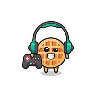 Kreis-Waffel-Gamer-Maskottchen mit einem Gamecontroller vektor