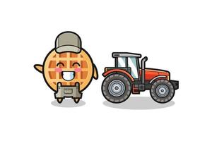 das Maskottchen des Kreiswaffelbauern, das neben einem Traktor steht vektor