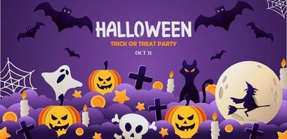 glad halloween banner eller partyinbjudan bakgrund med nattmoln och pumpor i pappersklippt stil. vektor