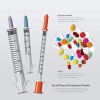 Set of Drug with Injection Needle Realistic Vector Illustration