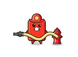 Rote Karte Cartoon als Feuerwehrmann-Maskottchen mit Wasserschlauch vektor
