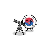 Astronomenmaskottchen der Südkorea-Flagge mit einem modernen Teleskop vektor