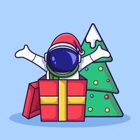 niedliche weihnachtsastronautencharakterüberraschungen aus der geschenkbox. Cartoon-Illustration im flachen Stil vektor