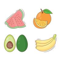 einige frische Früchte wie Banane, Wassermelone, Avocado und Orange isoliert auf weißem Hintergrund vektor