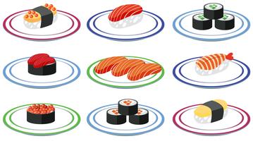 Sats med sushi på tallrik vektor