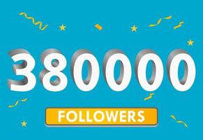 illustration 3d-nummer för sociala medier 380k likes tack, firar prenumeranter fans. banner med 380 000 följare vektor