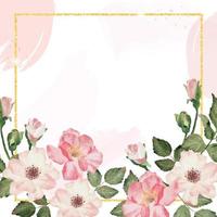 akvarell rosa engelsk ros med gyllene lyxiga fyrkantiga ram med kopia utrymme för text vektor