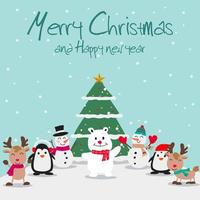 djur och snögubbe njuta med julnatten, festival av lycka för alla vektor