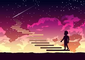 en pojke steg på trappan vägen till himlen med intressant vektor