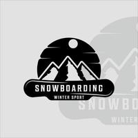 snowboard och berg logotyp vintage vektor illustration mall ikon grafisk design. landskapsskylt eller symbol för affärsresor och vintersportbutik