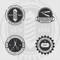 Satz von Barber Shop Logo Vintage Vektor Illustration Vorlage Symbol Grafikdesign. Bündelsammlung verschiedener Scheren- und Rasierklingensymbole mit Typografie und Retro-Abzeichen