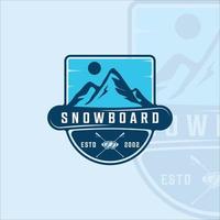 Snowboard und Berg Logo Vektor Illustration Vorlage Symbol Grafikdesign. Landschaft für Wintersportsymbol oder Schild mit Abzeichen