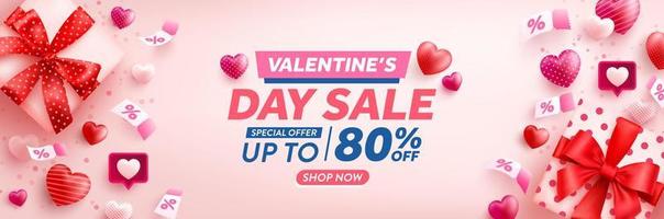 Alla hjärtans dag rea affisch med sött hjärta, rosa kupong och alla hjärtans dag presentförpackning på rosa bakgrund. marknadsföring och shopping mall för kärlek och alla hjärtans dag koncept. vektor