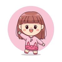 glückliches süßes und kawaii mädchen mit rosa hoodiehäschen winkender handkarikatur manga chibi charakterdesign für logo, maskottchen, illustration usw vektor